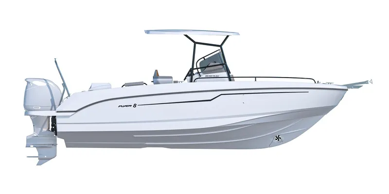 Slide: The Image of 2024 Beneteau Flyer 8 SPACEdeck, sleek white design, side view with outboard motor. - 9