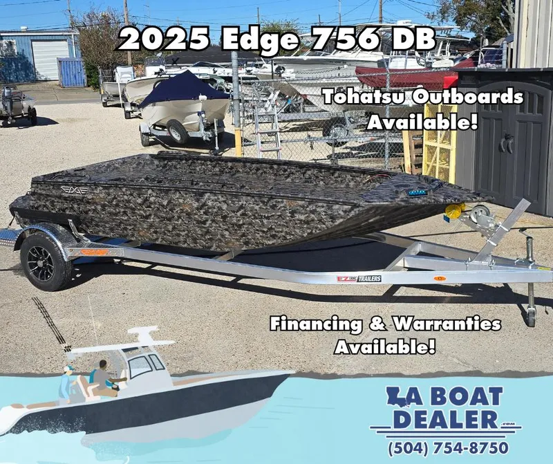 Slide: The Image of 2025 Edge 756 DB boat on trailer, Tohatsu outboards, financing available, LA Boat Dealer. - 1