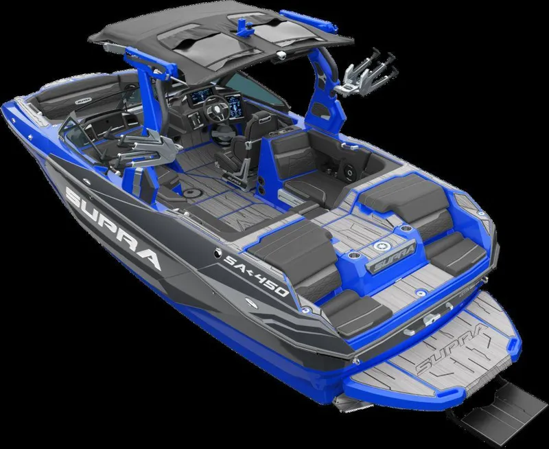 Slide: The Image of 2025 Supra SA 450 boat, sleek design, blue and gray color scheme, luxury interior. - 2