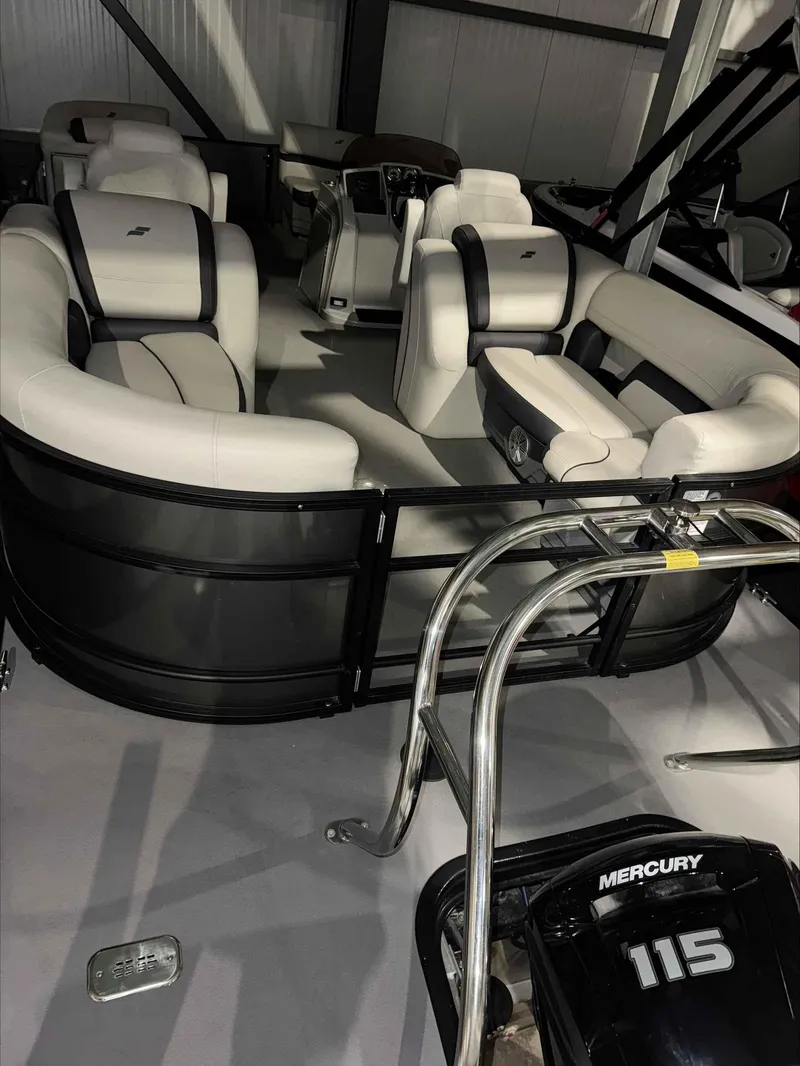 Slide: The Image of 2022 Starcraft EXS 3 pontoon boat with Mercury 115 engine, featuring spacious seating. - 4