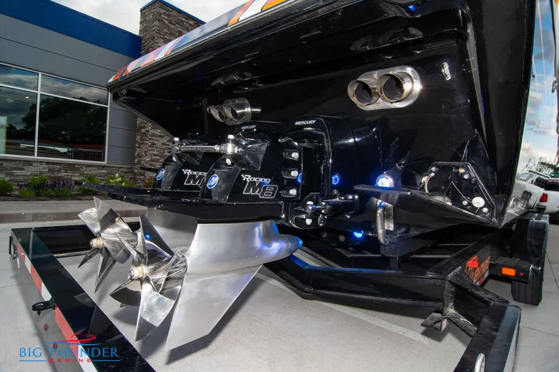 Slide: The Image of 2020 Fountain 47 Lightning boat with powerful dual propellers on a trailer. - 10