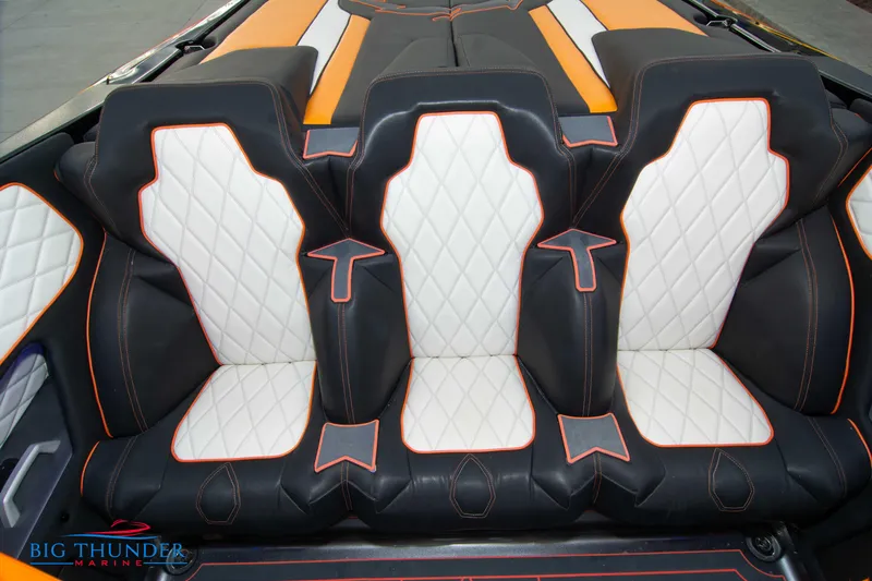 Slide: The Image of 2020 Fountain 47 Lightning boat interior with black and white diamond-stitched seats. - 32