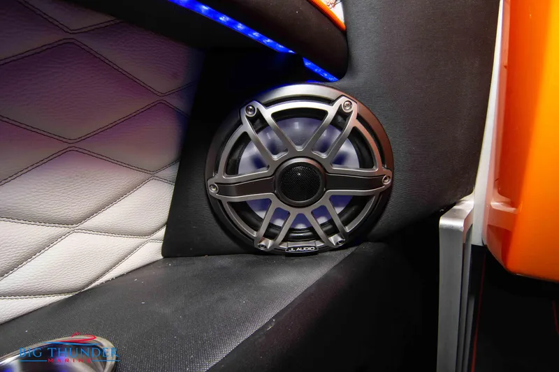 Slide: The Image of Speaker system in 2020 Fountain 47 Lightning boat interior with blue LED lighting. - 38