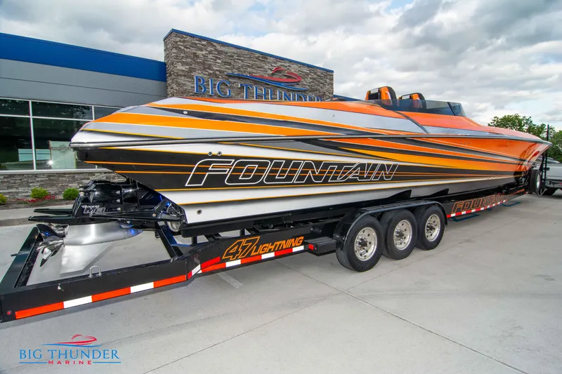 Slide: The Image of 2020 Fountain 47 Lightning speedboat on trailer at Big Thunder Marine dealership. - 5