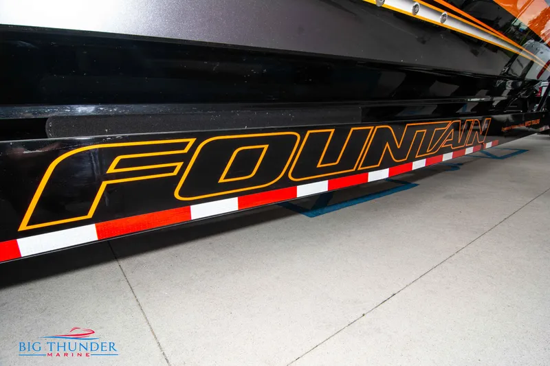 Slide: The Image of 2020 Fountain 47 Lightning boat with bold logo and sleek design. - 9