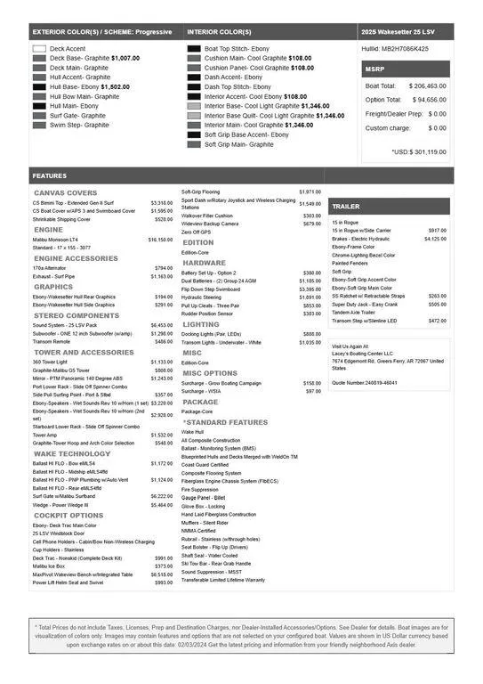 Slide: The Image of 2025 Malibu 25 LSV boat specifications and pricing details, featuring color options and accessories. - 22