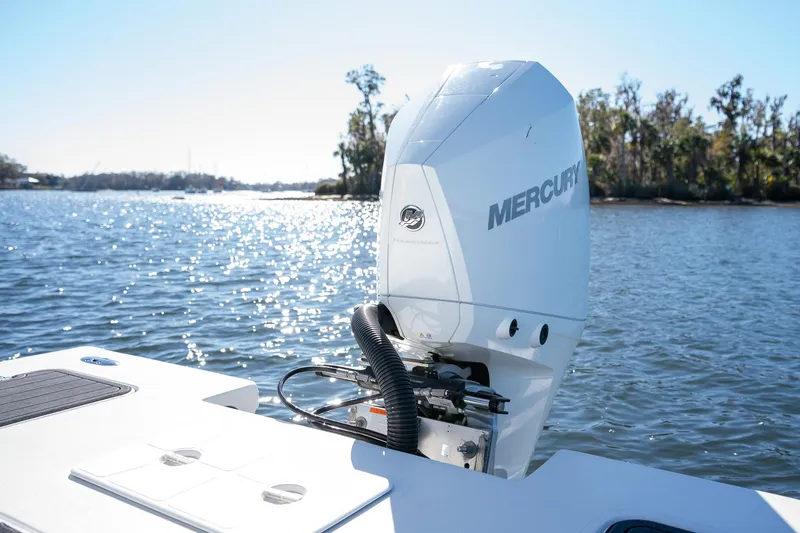 Slide: The Image of 2022 Young Boats 24 with Mercury outboard engine on a sunny lake. - 28