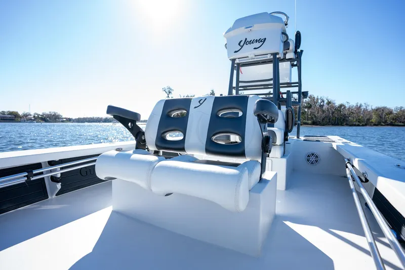 Slide: The Image of 2022 Young Boats 24 model on water, featuring sleek seating and modern design. - 6