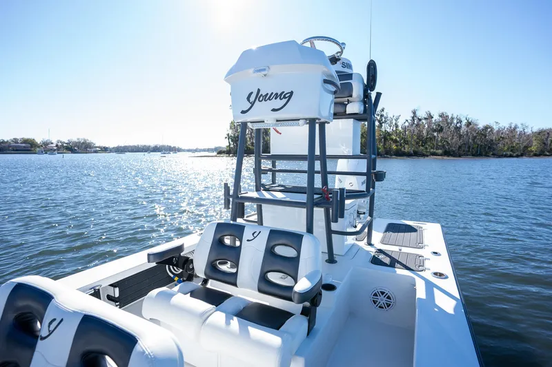 Slide: The Image of 2022 Young Boats 24 model on a serene lake, showcasing sleek design and comfortable seating. - 8