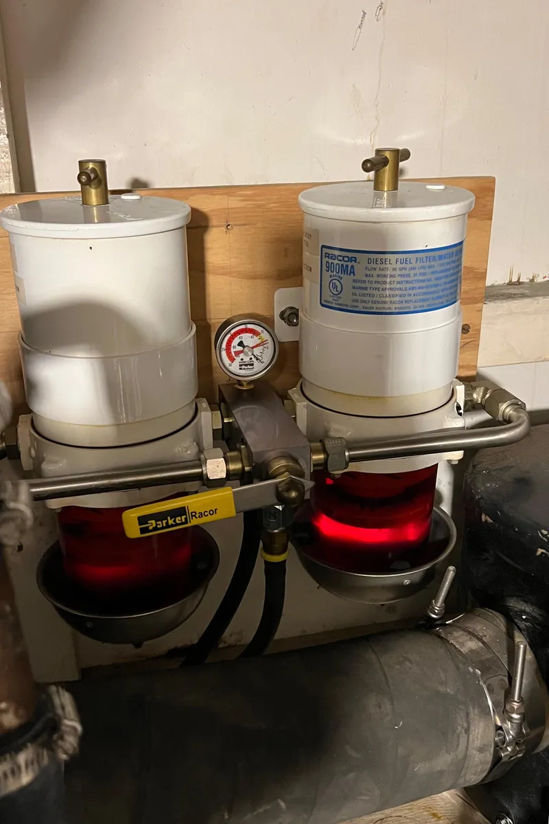 Slide: The Image of Fuel filtration system on a 1972 Grand Banks 42 Classic boat. - 44