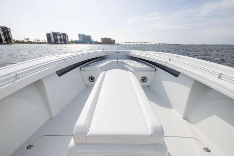 Slide: The Image of 2021 Yellowfin 36 Offshore boat interior with waterfront cityscape view. - 47