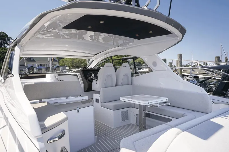 Slide: The Image of 2026 Azimut Atlantis 45 yacht interior with sleek seating and modern design. - 12