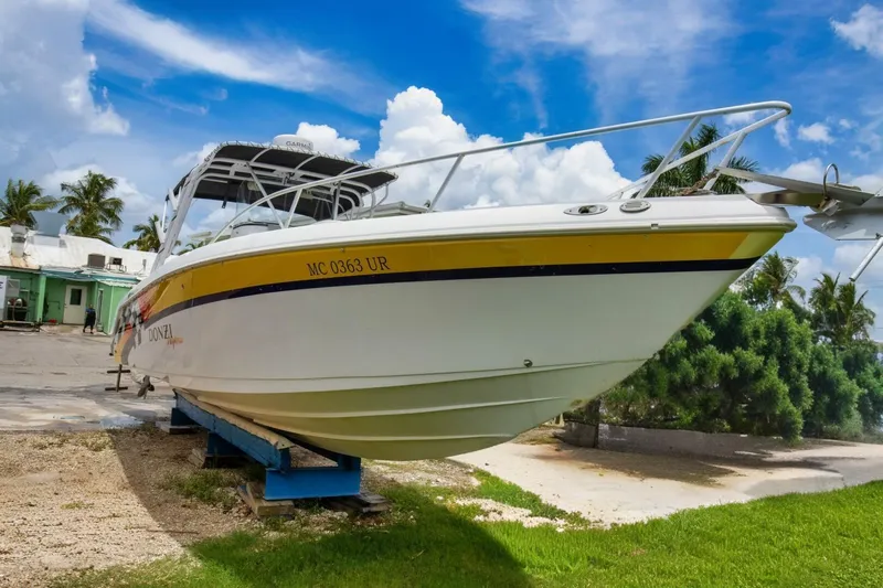 Slide: The Image of 2005 Donzi 35 ZF Cuddy boat on display, vibrant sky background. - 4