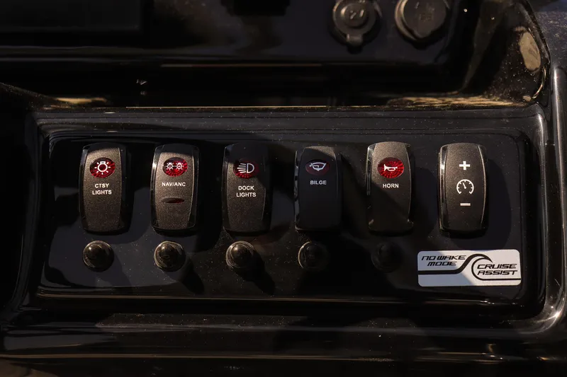Slide: The Image of Control panel of 2025 Yamaha Boats 195S with various switches and Cruise Assist feature. - 16