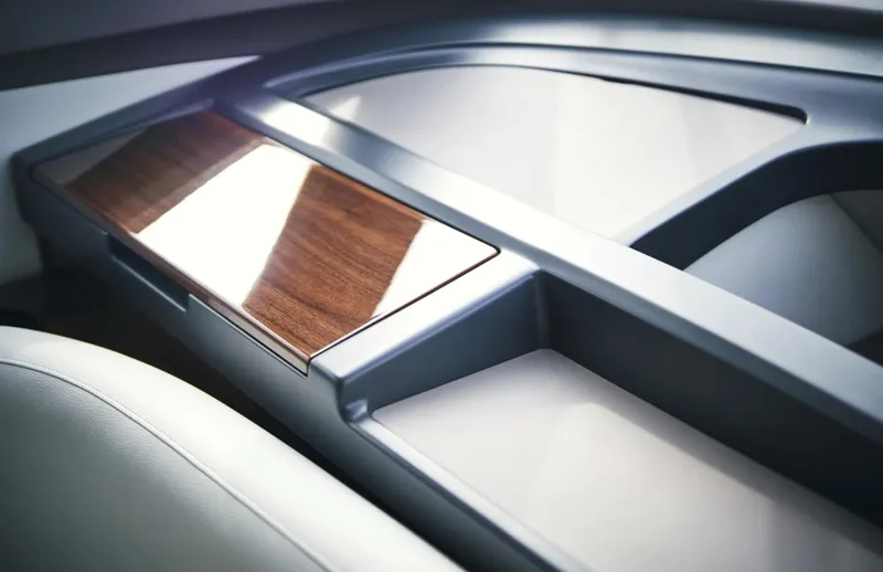 Slide: The Image of Luxury interior detail of 2025 Princess F50 yacht with sleek wood and metal accents. - 22