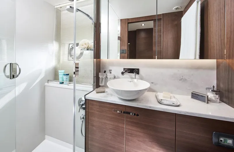 Slide: The Image of Luxurious bathroom in 2025 Princess F50 yacht with modern fixtures and elegant design. - 29