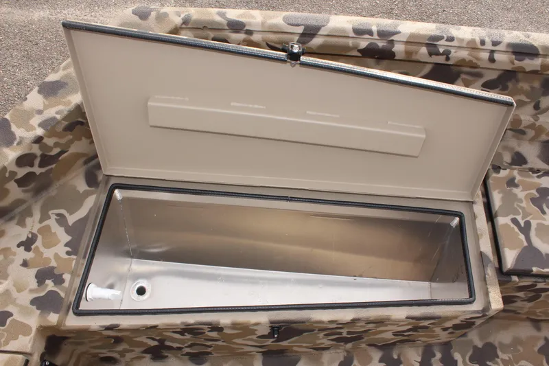 Slide: The Image of 2025 Excel 1860 Viper F4 CC boat with open storage compartment, camo design. - 21