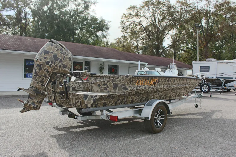 Slide: The Image of 2025 Excel 1860 Viper F4 CC boat with camouflage design on a trailer. - 8