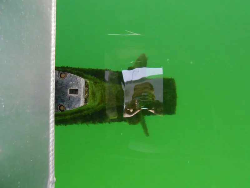 Slide: The Image of Underwater view of a 1999 Horizon houseboat propeller in green water. - 38
