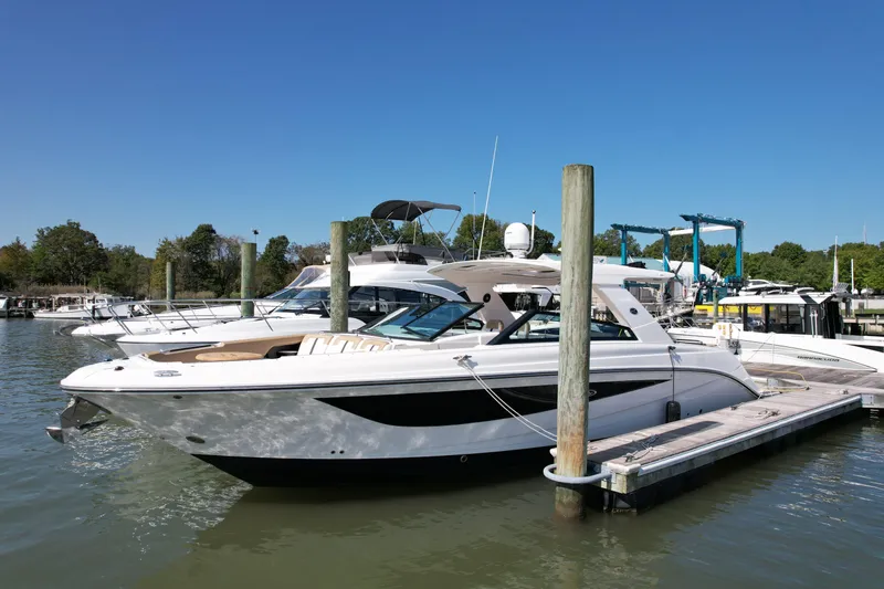 The Image of 2019 Sea Ray SLX 400 boat with people relaxing on deck in clear water. - 0