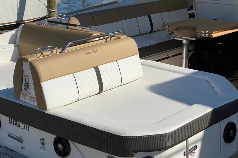 Slide: The Image of Luxurious 2019 Sea Ray SLX 400 yacht interior with sleek seating and modern amenities. - 22