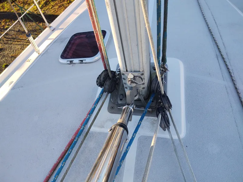 Slide: The Image of Close-up of Catalina 350 MK II sailboat rigging, 2006 model, showing mast and lines. - 9