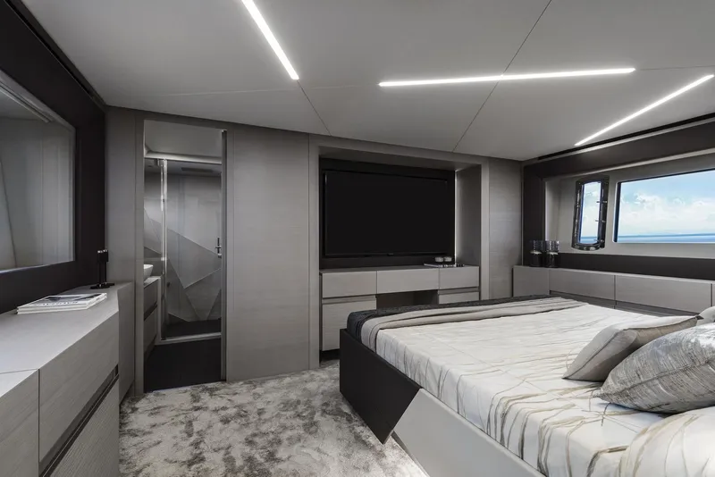 Slide: The Image of Luxurious bedroom interior of 2026 Pershing 7X yacht with modern design and ocean view. - 21