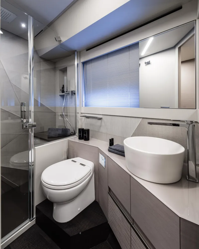 Slide: The Image of Luxurious bathroom interior of 2026 Pershing 7X yacht with modern fixtures and sleek design. - 26