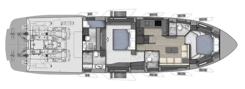 Slide: The Image of Floor plan of a 2026 Pershing 7X yacht, showcasing interior layout and engine room. - 27