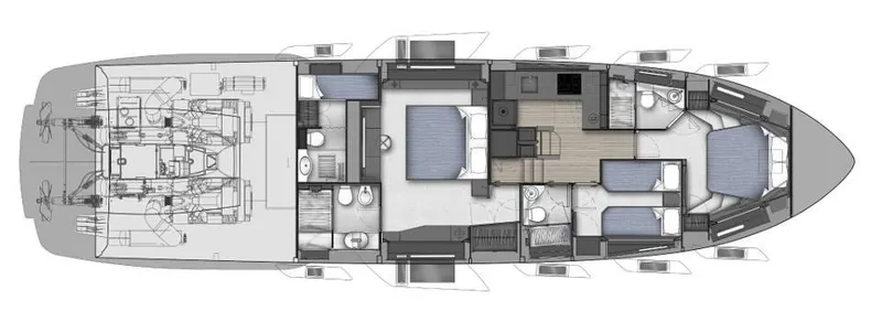 Slide: The Image of Floor plan of a 2026 Pershing 7X yacht, showcasing interior layout and engine room. - 28