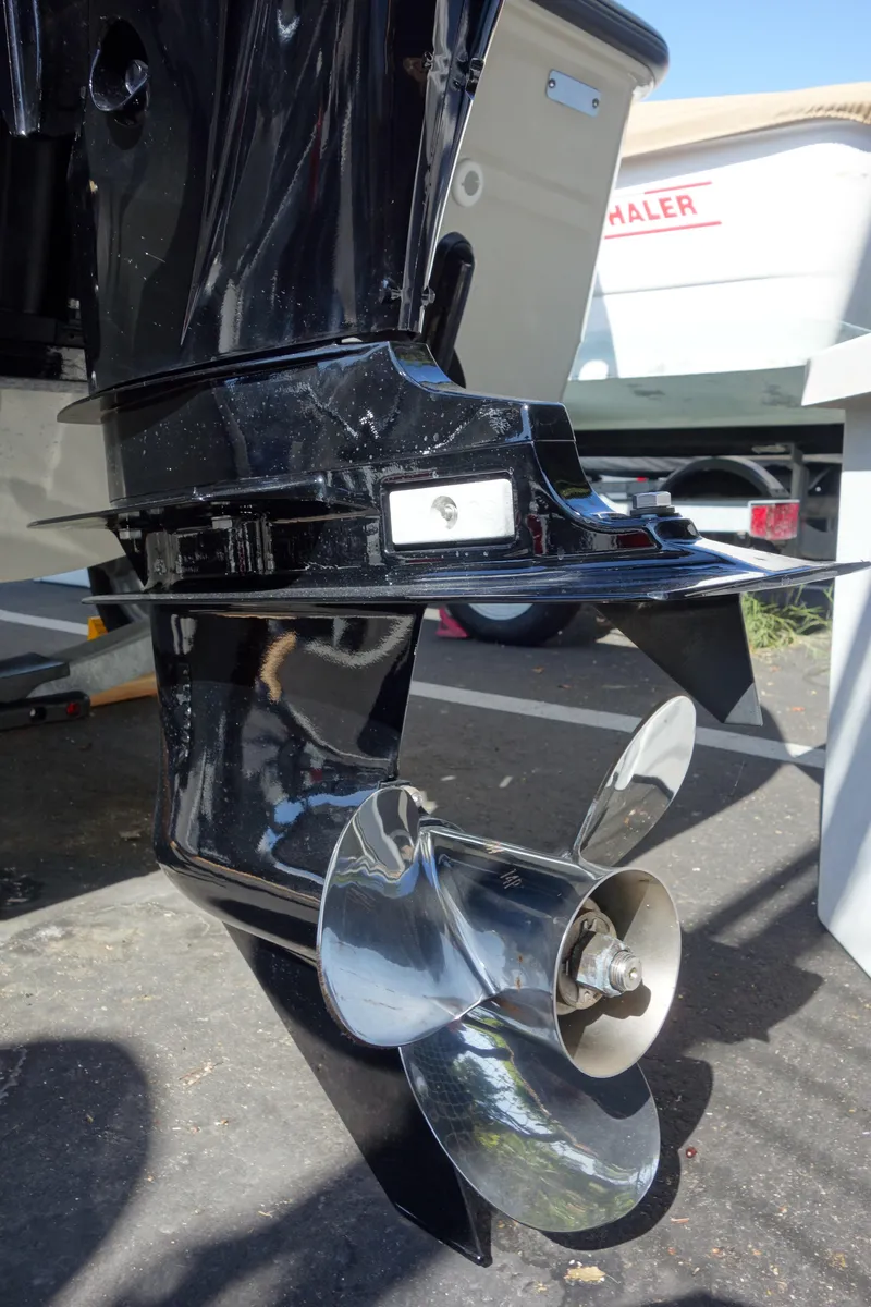 Slide: The Image of Close-up of a 2023 Boston Whaler 150 Montauk boat propeller. - 19