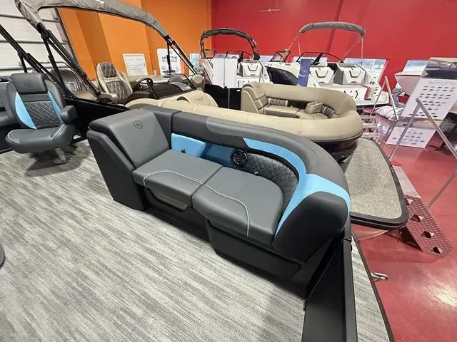 Slide: The Image of 2025 Godfrey Sweetwater 2286 SFL pontoon interior with sleek seating and modern design. - 20