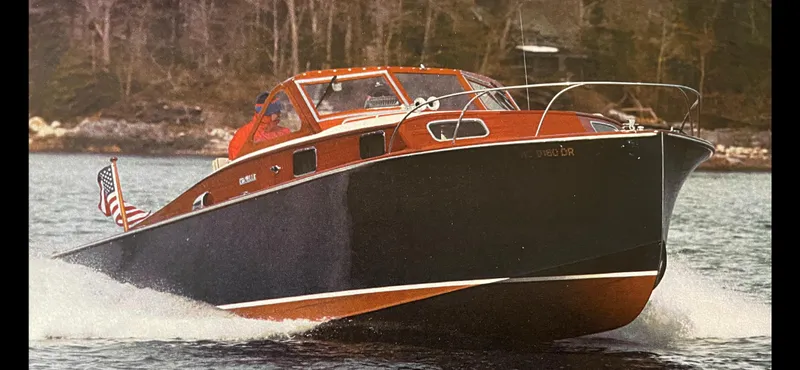 The Image of 1960 Prowler Semi-enclosed boat cruising on a lake with American flag. - 0