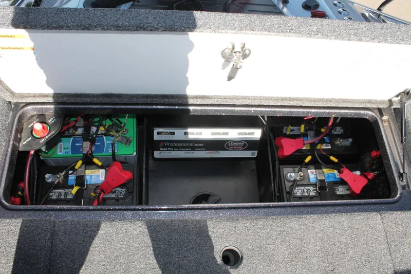 Slide: The Image of 2020 Ranger Z521L boat battery compartment with multiple batteries and wiring. - 19