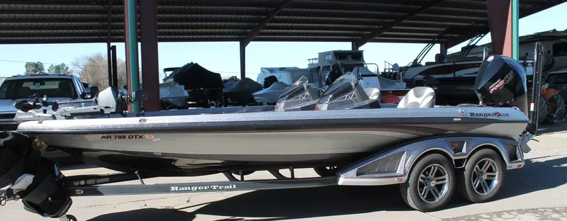 Slide: The Image of 2020 Ranger Z521L bass boat in a covered storage area. - 2