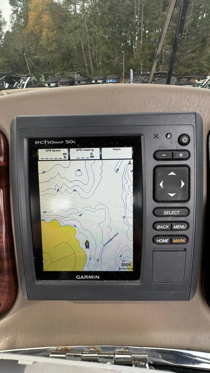 Slide: The Image of Garmin echoMAP 50s GPS on 2015 Avalon 2785 Paradise boat dashboard. - 15