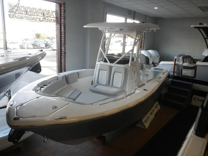 Slide: The Image of 2024 Sea Fox 228 Commander boat displayed in showroom. - 2