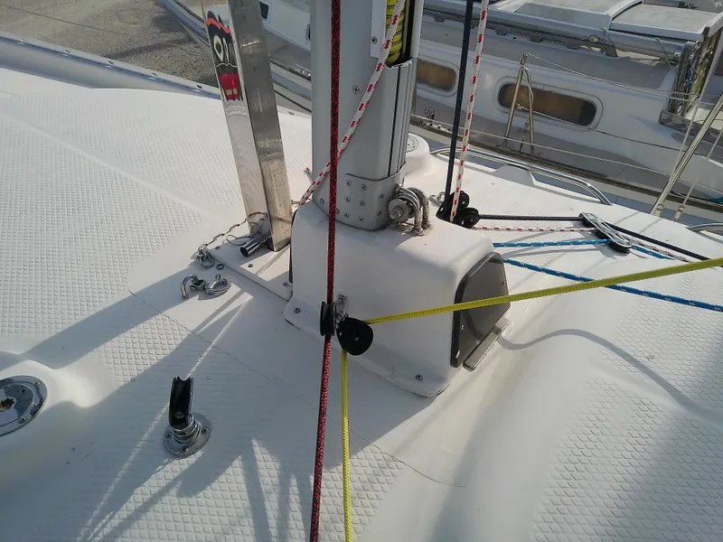 Slide: The Image of Close-up of 2017 Hake Seaward 32RK sailboat deck with rigging and mast details. - 37