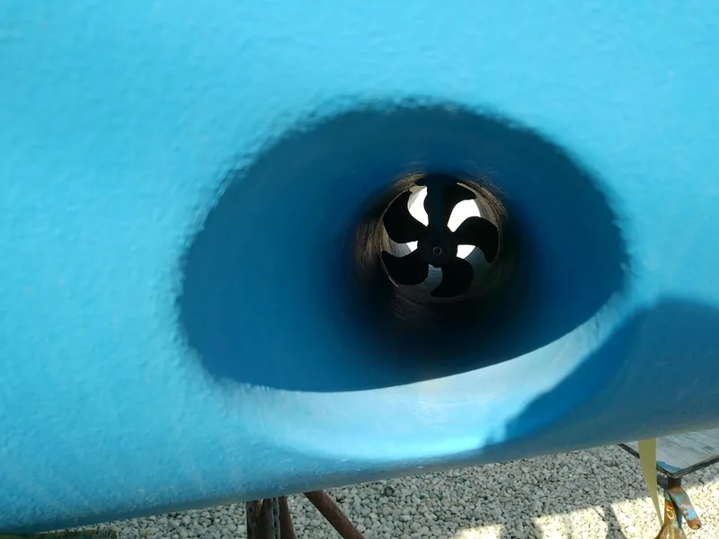 Slide: The Image of Close-up of a 2017 Hake Seaward 32RK boat's bow thruster in blue hull. - 7