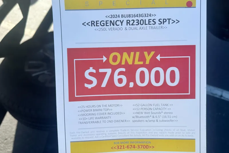 Slide: The Image of 2024 Regency R230LE3 SPT boat for sale, priced at $76,000, includes trailer and warranty. - 5