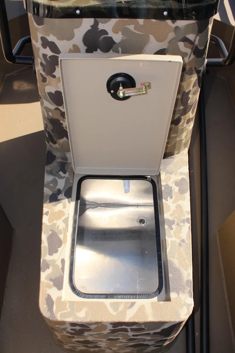 Slide: The Image of 2025 Excel 1860 F4 Shallow Water boat with camo-patterned storage compartment. - 23