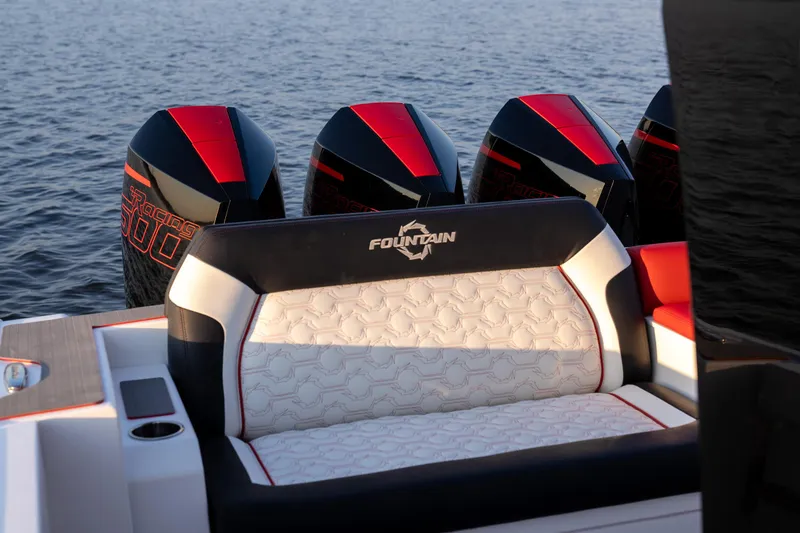 Slide: The Image of 2024 Fountain 43SCX boat with powerful engines and stylish seating on the water. - 11