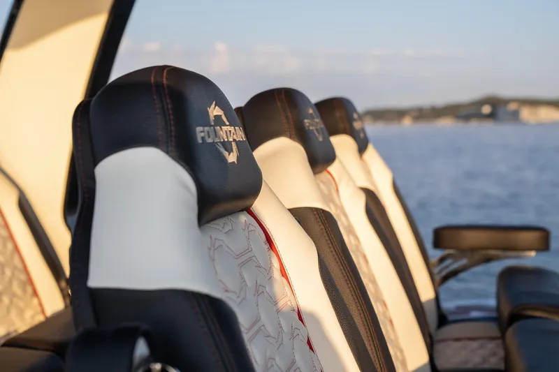 Slide: The Image of Luxurious seating on 2024 Fountain 43SCX boat with ocean view. - 15