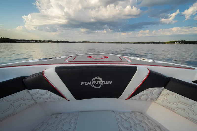 Slide: The Image of 2024 Fountain 43SCX boat interior with scenic lake view. - 32