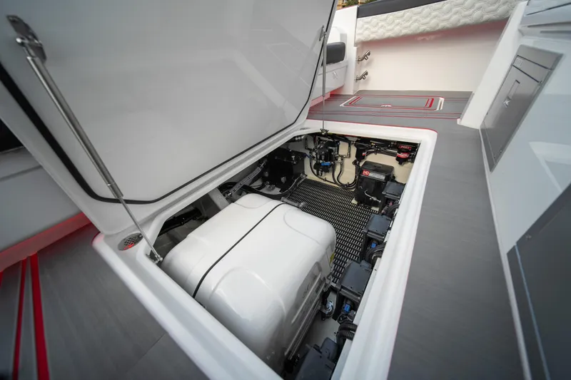 Slide: The Image of 2024 Fountain 43SCX boat engine compartment with open hatch. - 37