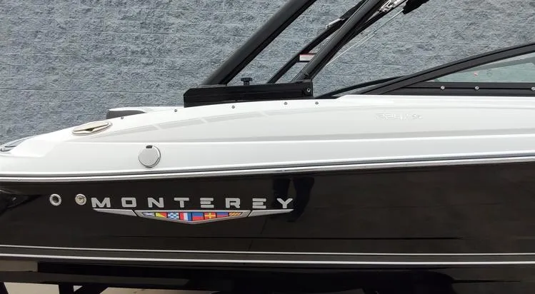 Slide: The Image of 2025 Monterey 224FS boat, sleek black and white design, side view. - 16