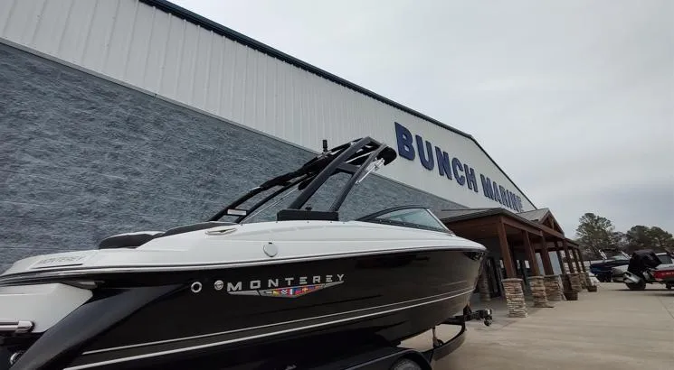 Slide: The Image of 2025 Monterey 224FS boat displayed at Bunch Marine dealership. - 20