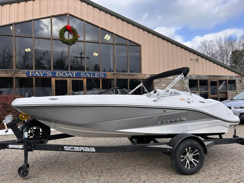 Slide: The Image of 2025 Scarab 165 SE boat on trailer at Fay's Boat Sales. - 4