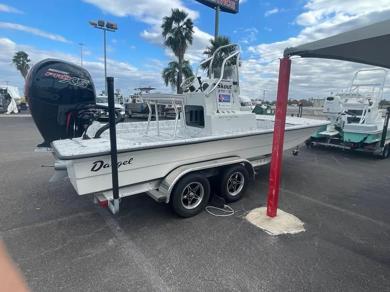 Slide: The Image of 2024 Dargel Skout 210 boat on trailer, parked outdoors under cloudy sky. - 3