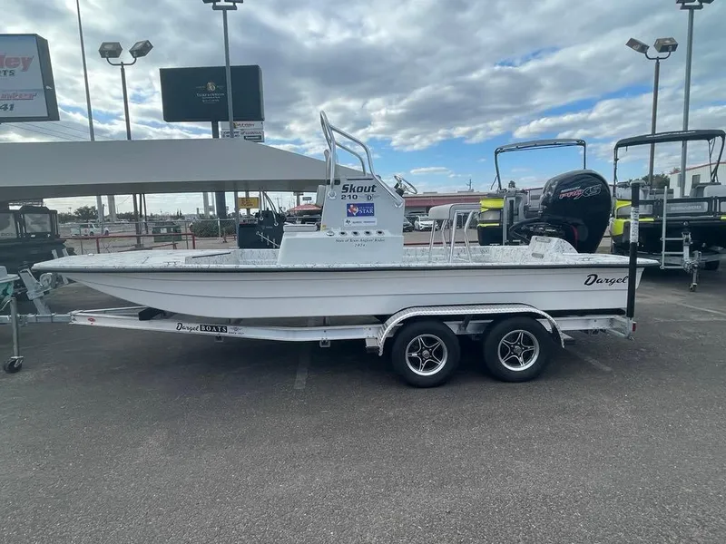 Slide: The Image of 2024 Dargel Skout 210 boat on trailer under cloudy sky. - 9